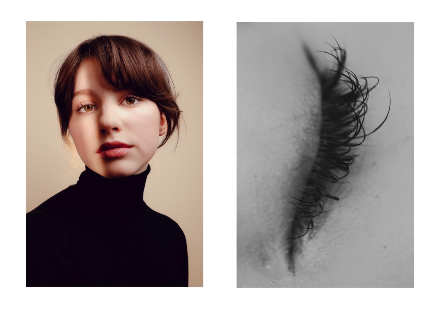 Fine-art diptych — studio portrait in a black turtleneck beside an eyelash still life